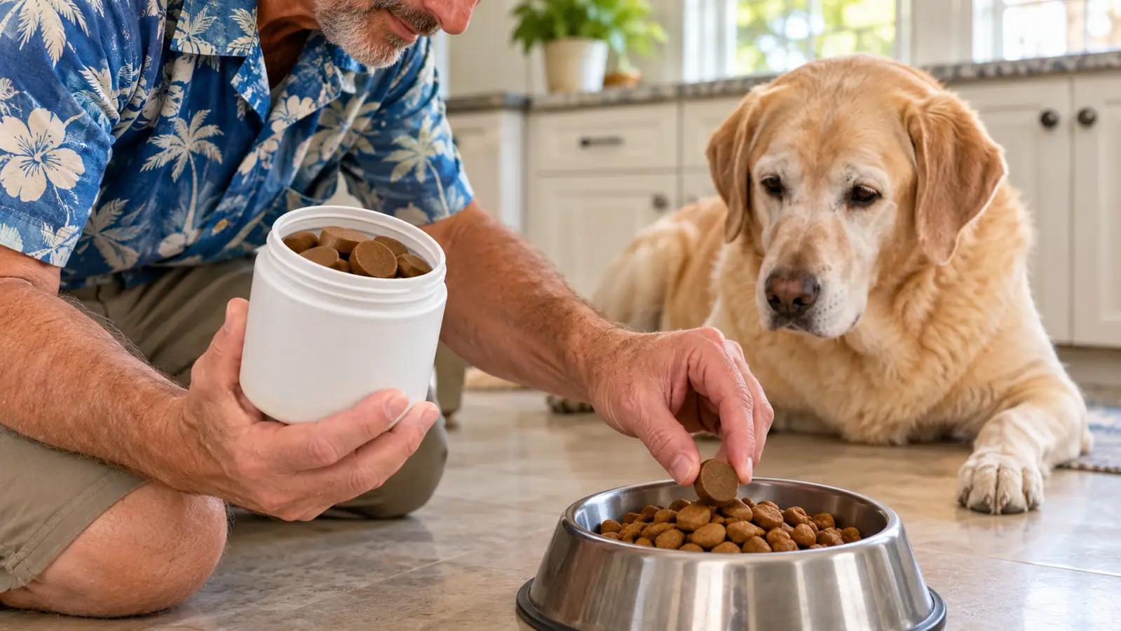 A hand placing a chewable tablet on top of kibble in a stainless steel dog bowl