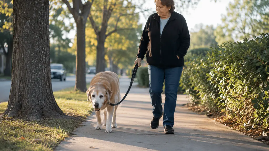An older large dog walking at a relaxed pace on a tree-lined sidewalk beside its owner