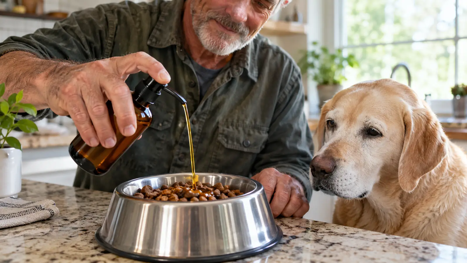 A hand pouring liquid fish oil from a small bottle over a bowl of dog kibble