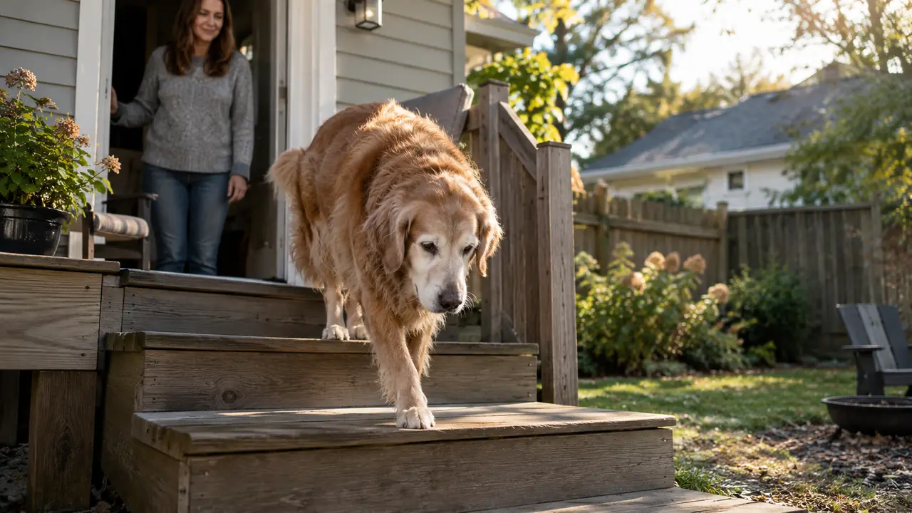 A large dog carefully walking down three wooden porch steps while a woman watches from the doorway