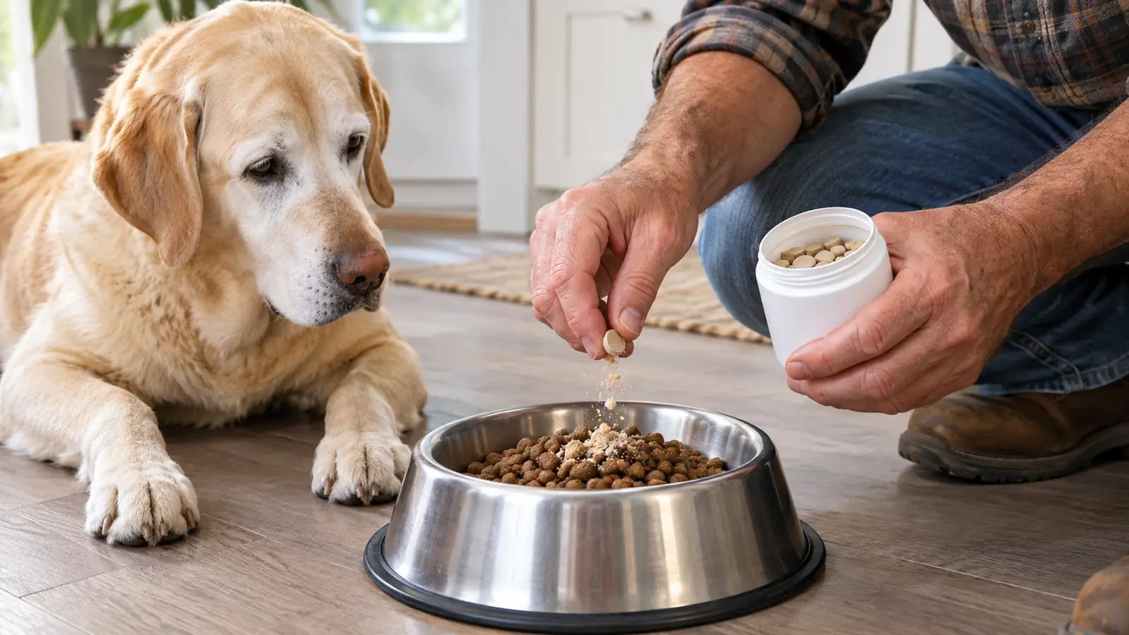 A hand crumbling a chewable tablet over a dog's kibble in a stainless steel bowl