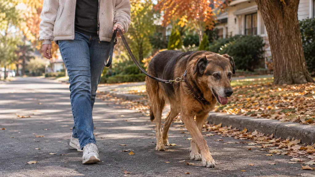 A large dog walking slowly on a leash down a quiet residential street in autumn