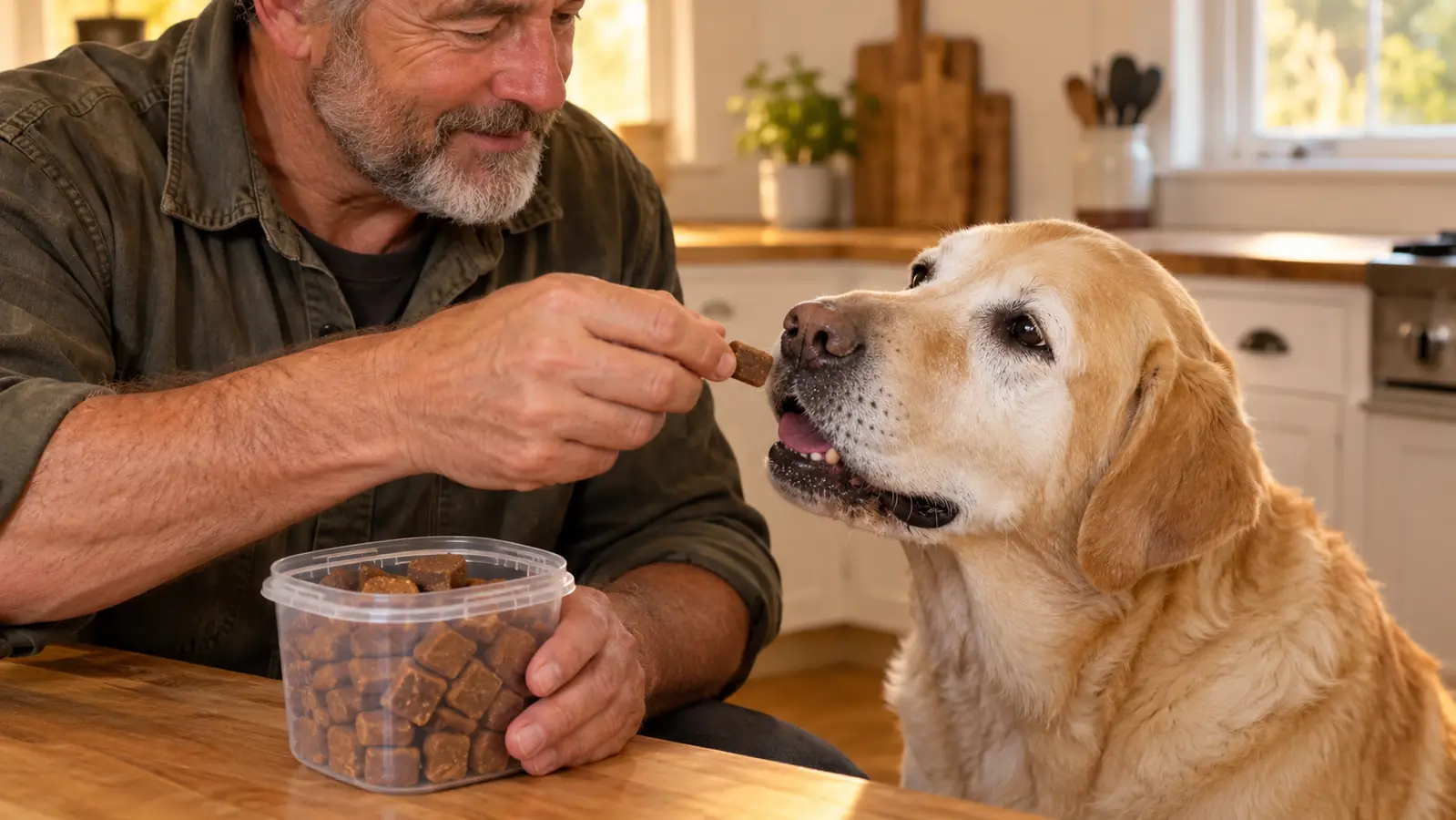 a hand offering a soft chew to a large dog in a kitchen