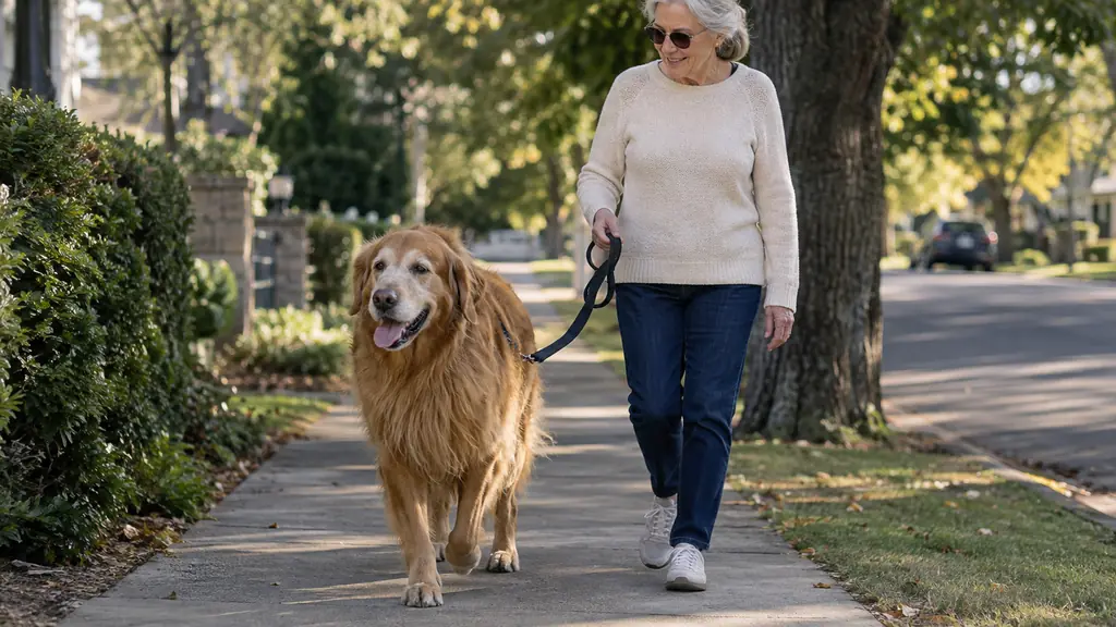 a large dog walking slowly down a neighborhood sidewalk with an older woman
