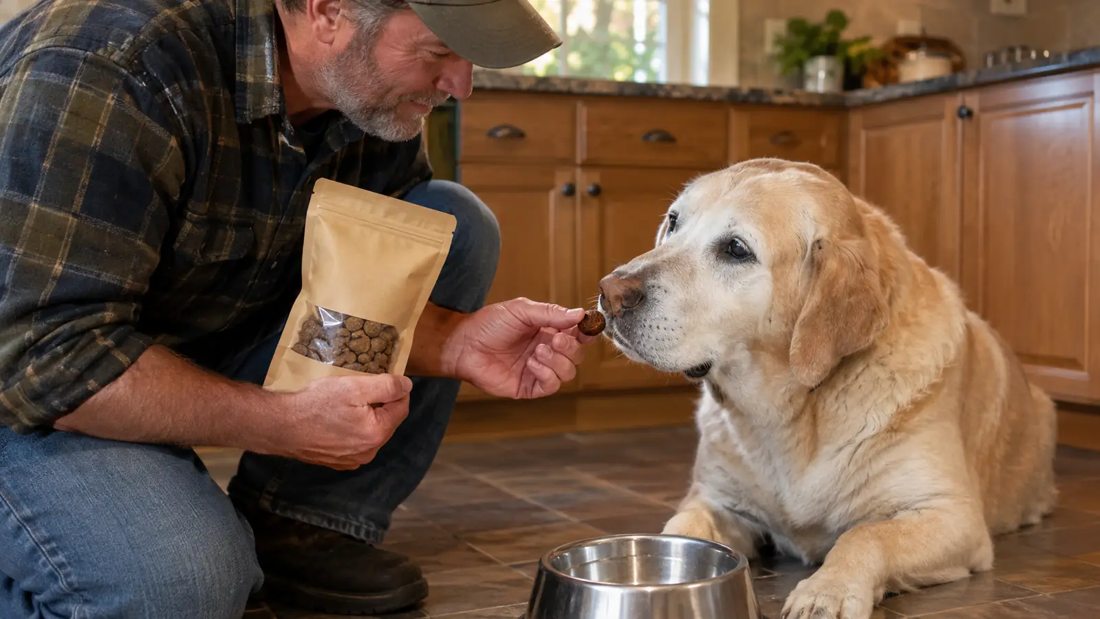 A hand offering a soft chew to a large dog beside a stainless steel bowl