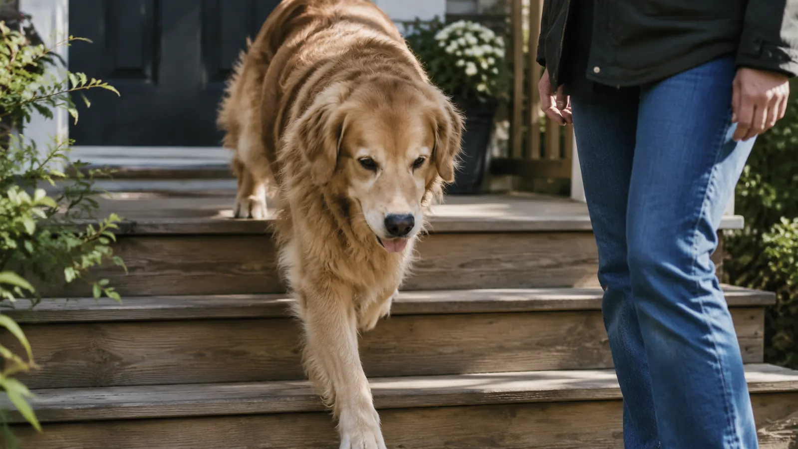 A large dog coming down three wooden porch steps with a person nearby