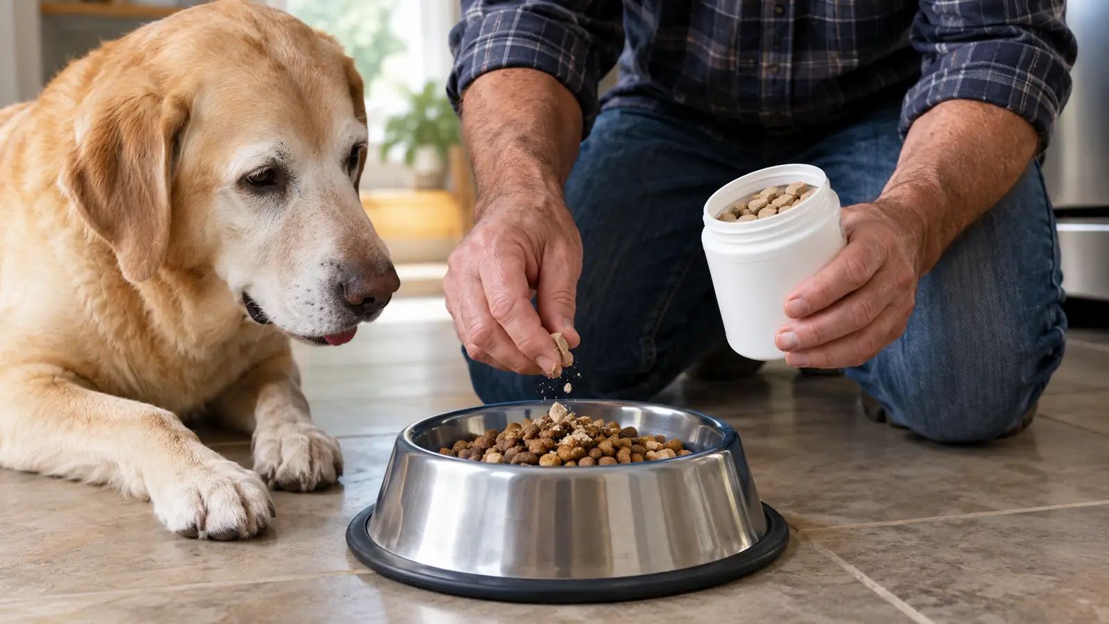 A hand sprinkling a small tan tablet over kibble in a stainless steel dog bowl