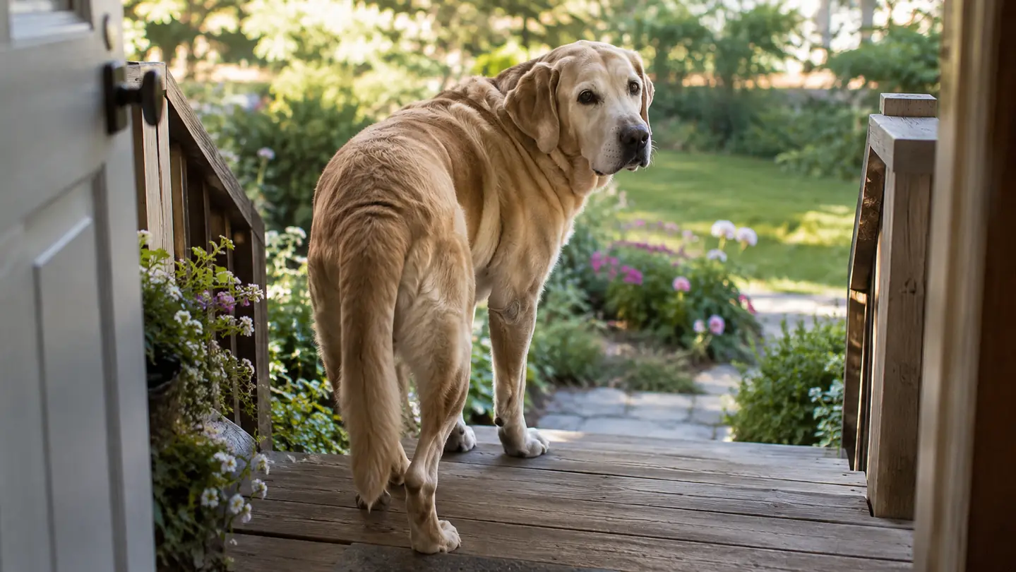 An older yellow Labrador waiting at the top of three back-porch steps, looking back toward an open door