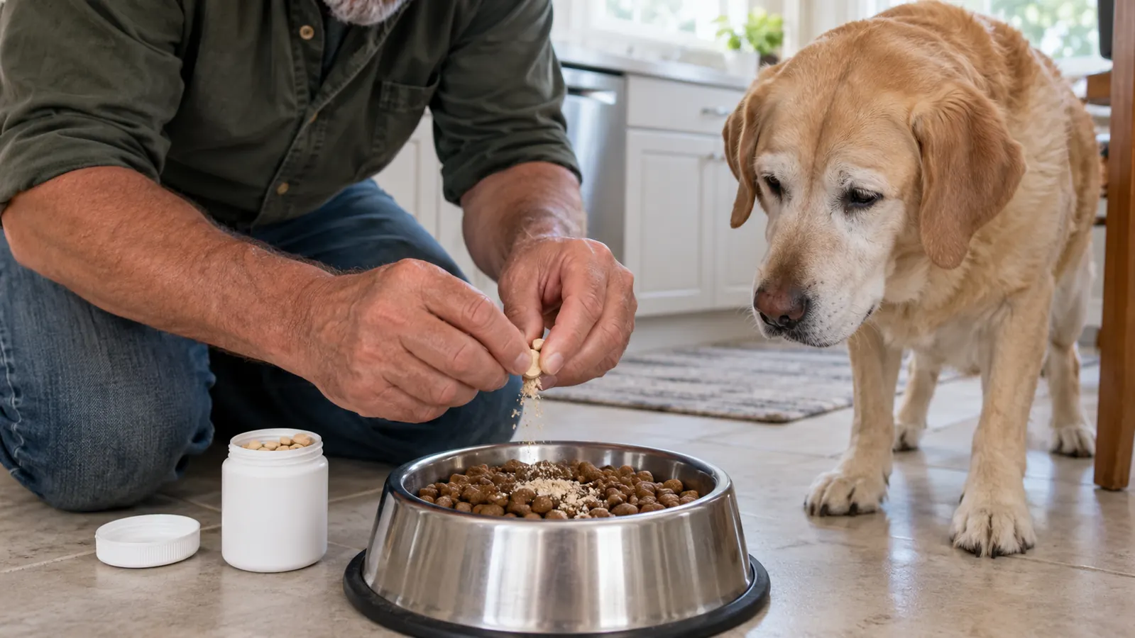 A person crumbling a small tablet over a dog's food in a stainless steel bowl