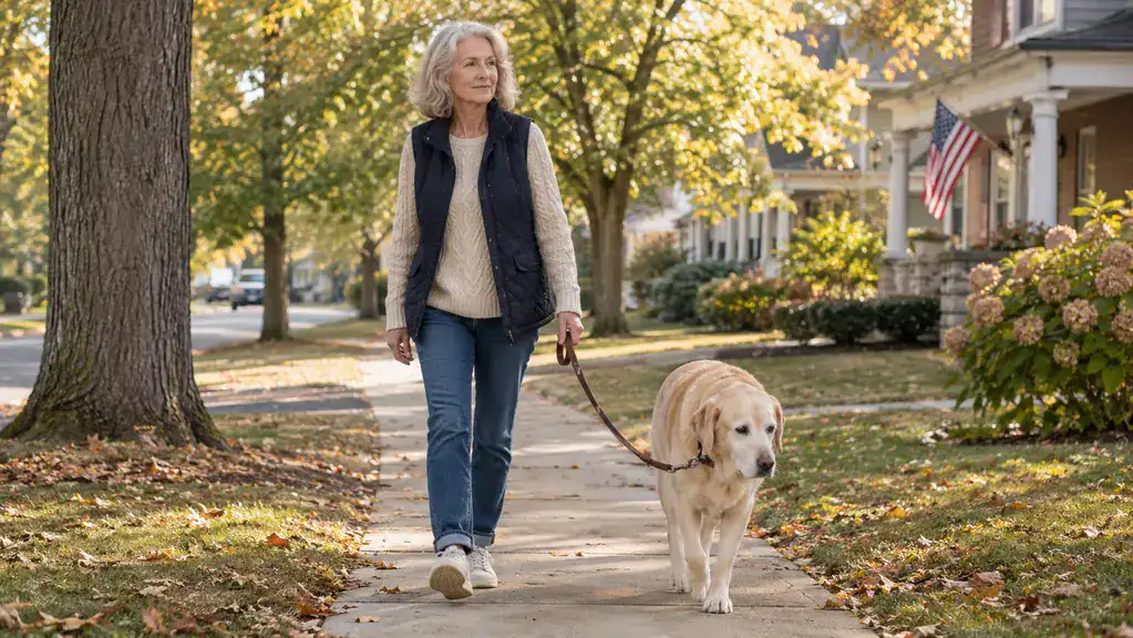 An older yellow Labrador on a slow morning walk with her owner