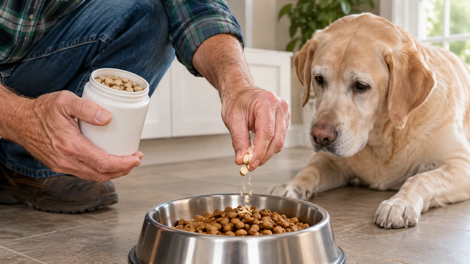 A hand crumbling a small chewable tablet over a stainless steel bowl of dog food.