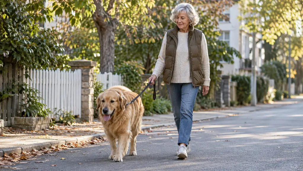 A large dog walking slowly on a leash beside an older woman on a quiet street in morning light.
