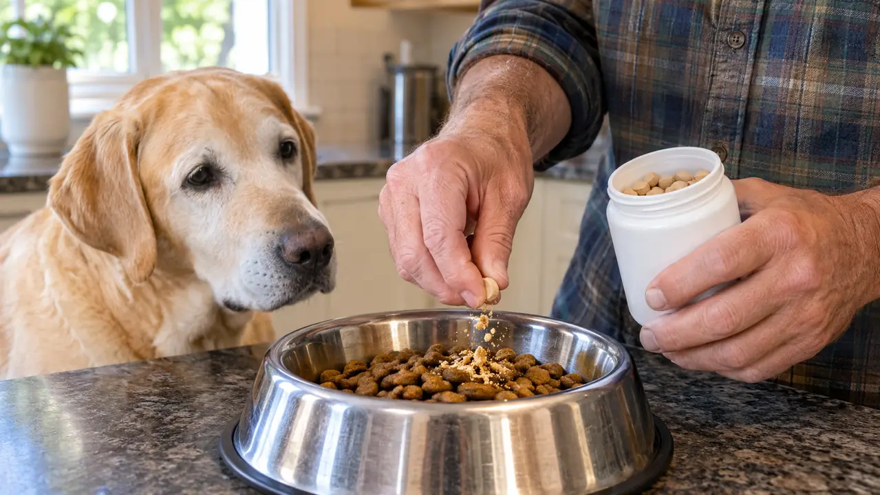 A hand crumbling a chewable tablet over kibble in a stainless steel bowl.