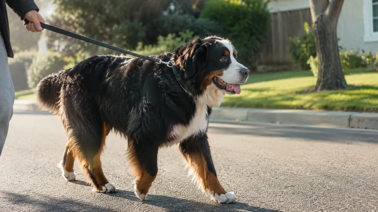 A large dog walking at an easy pace on a quiet morning street.