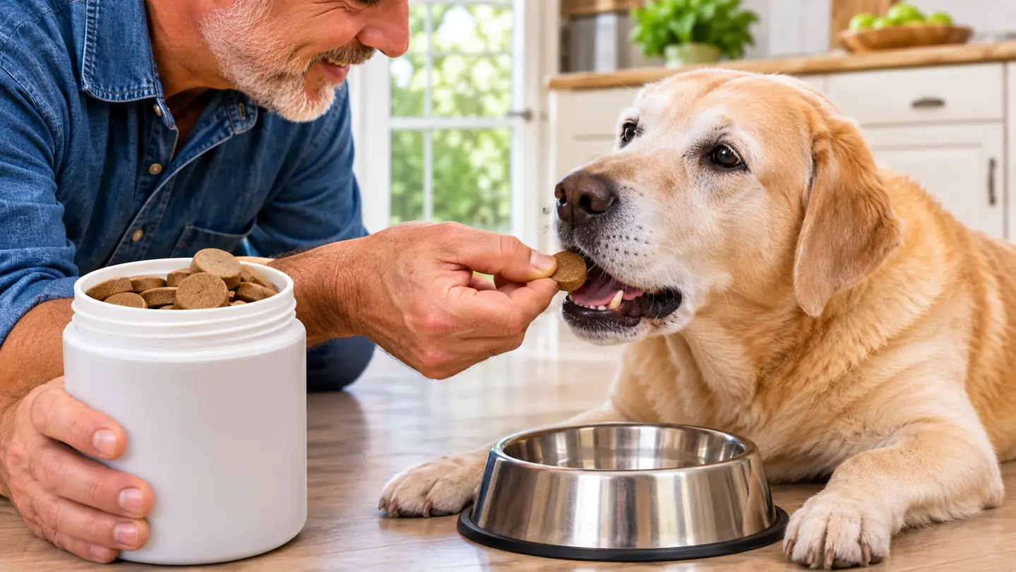 A hand offering a chewable tablet to a large dog beside a stainless steel bowl
