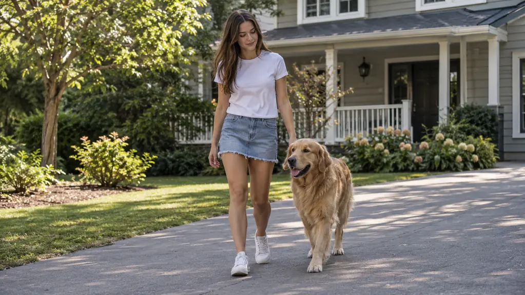 A large dog walking slowly down a driveway beside a two-story house