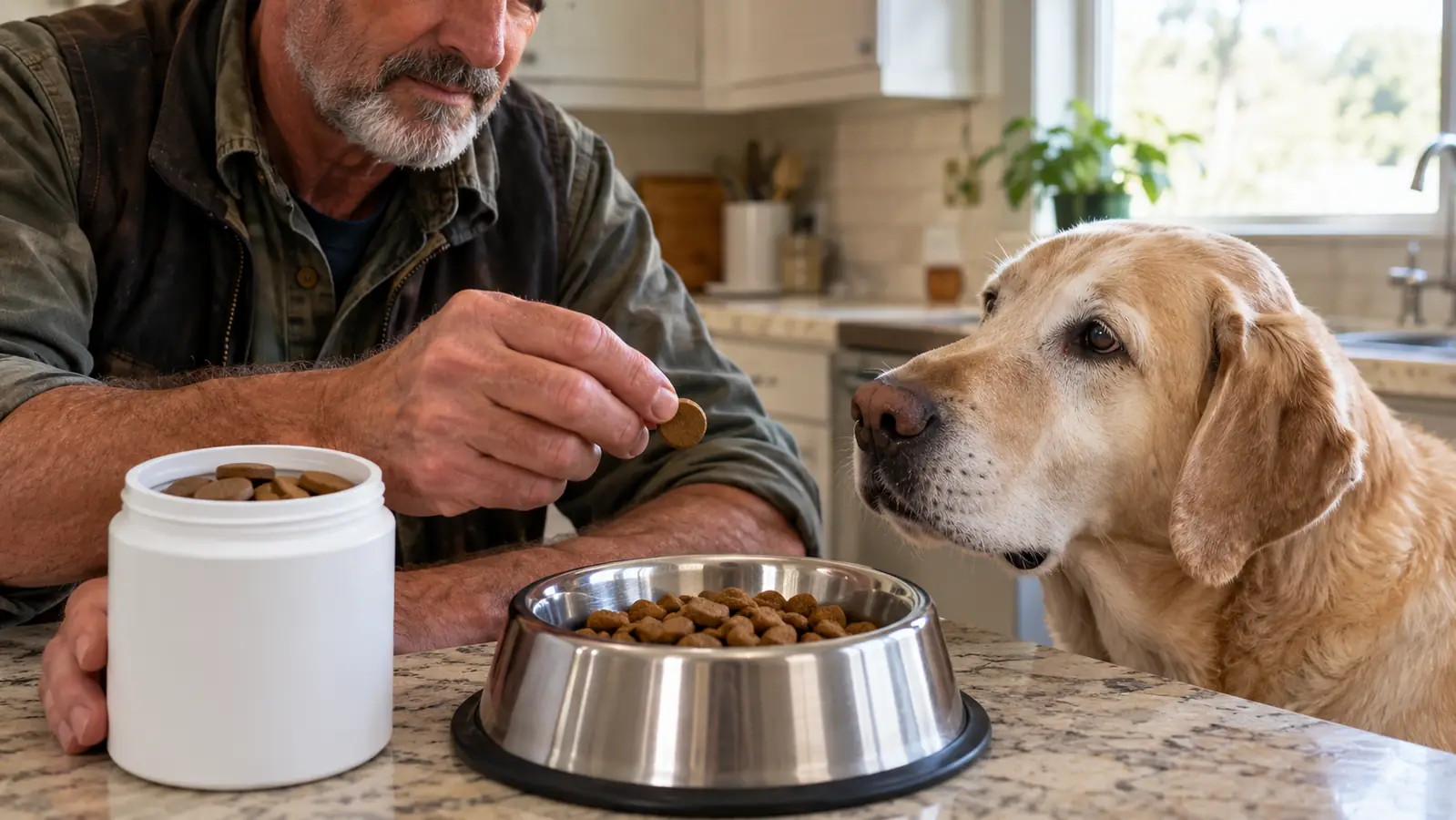 A hand placing a chewable tablet on top of a dog's food in a stainless steel bowl