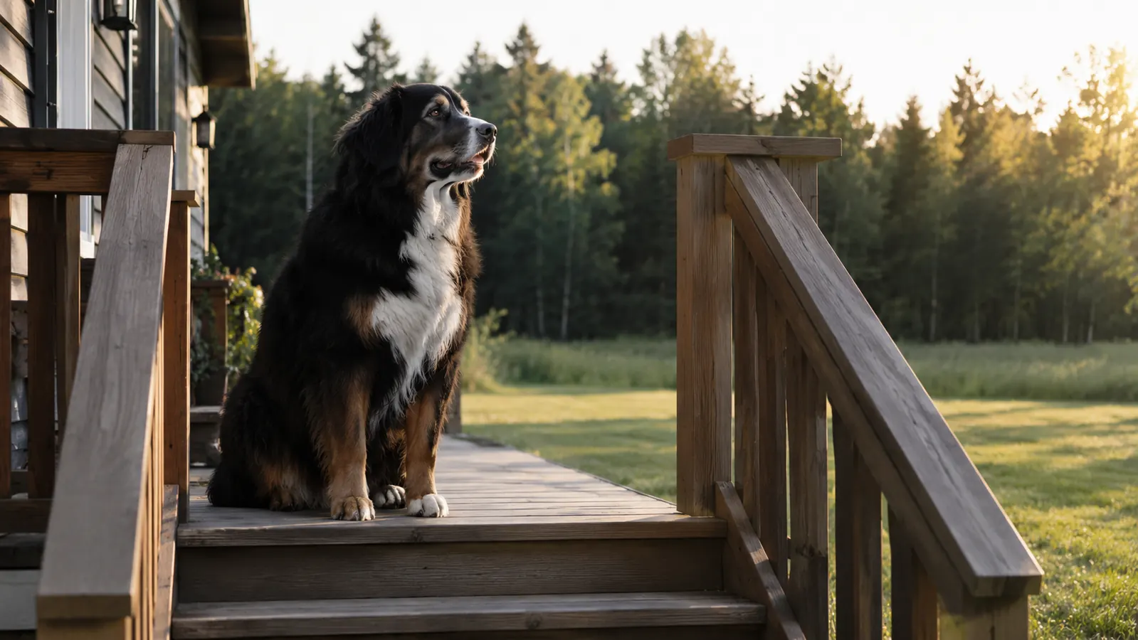 A dog waiting at the top of three back-porch steps, looking out at a yard