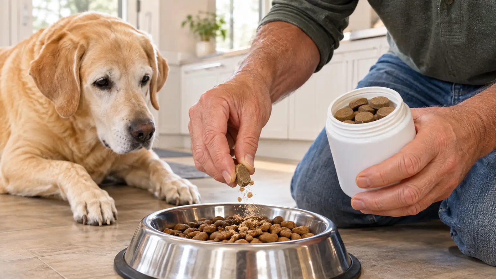 A hand sprinkling a chewable tablet over kibble in a stainless steel dog bowl