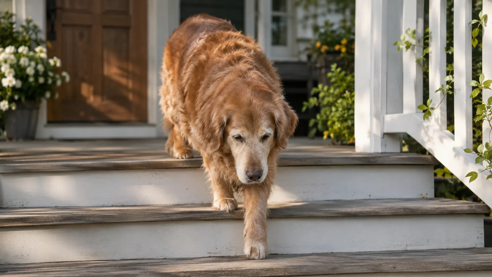 An older large dog walking slowly down three wooden porch steps in soft morning light