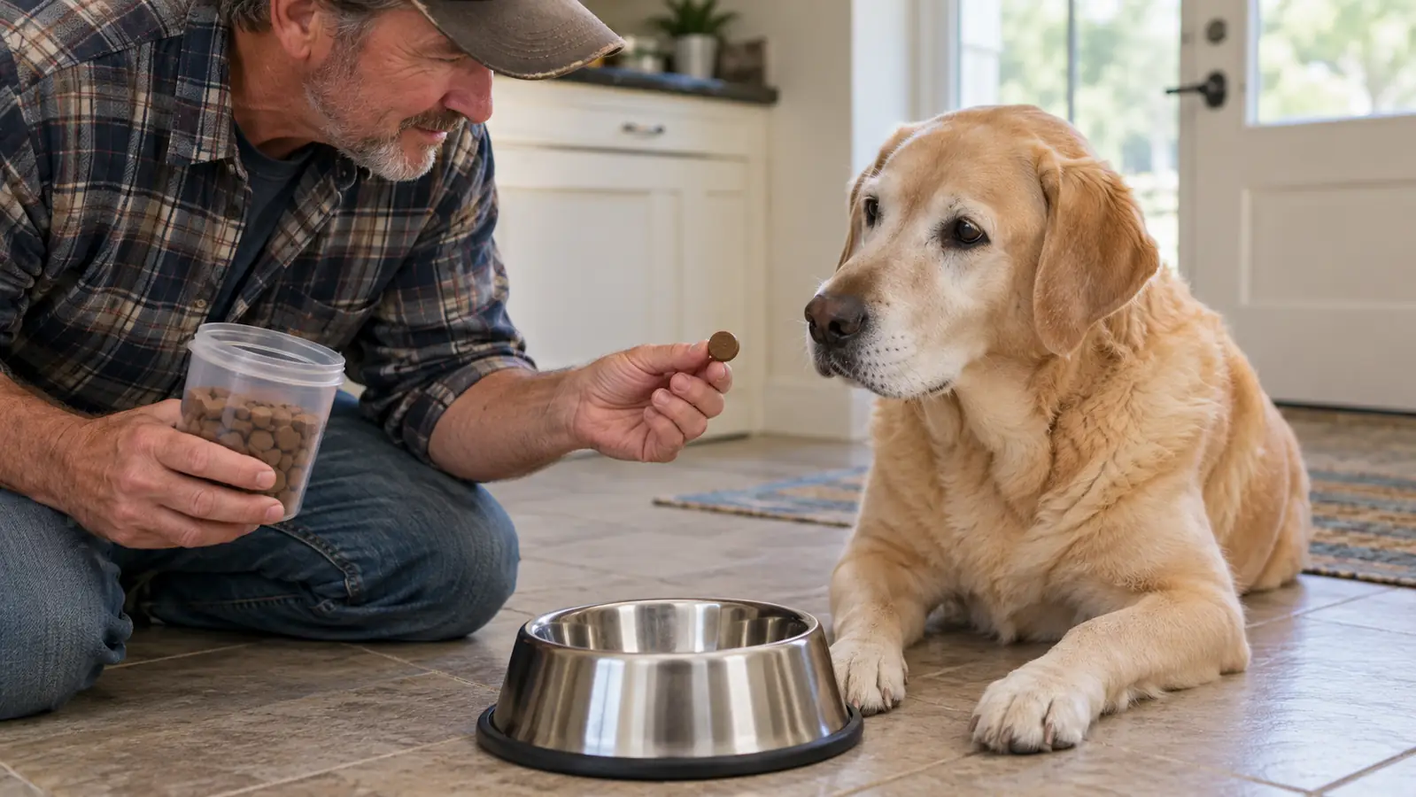 A hand offering a chewable tablet beside a stainless steel dog bowl on a kitchen floor