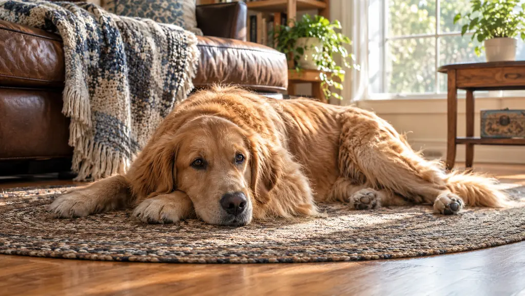 A large dog lying on a rug in a living room with hardwood floors, resting after a walk