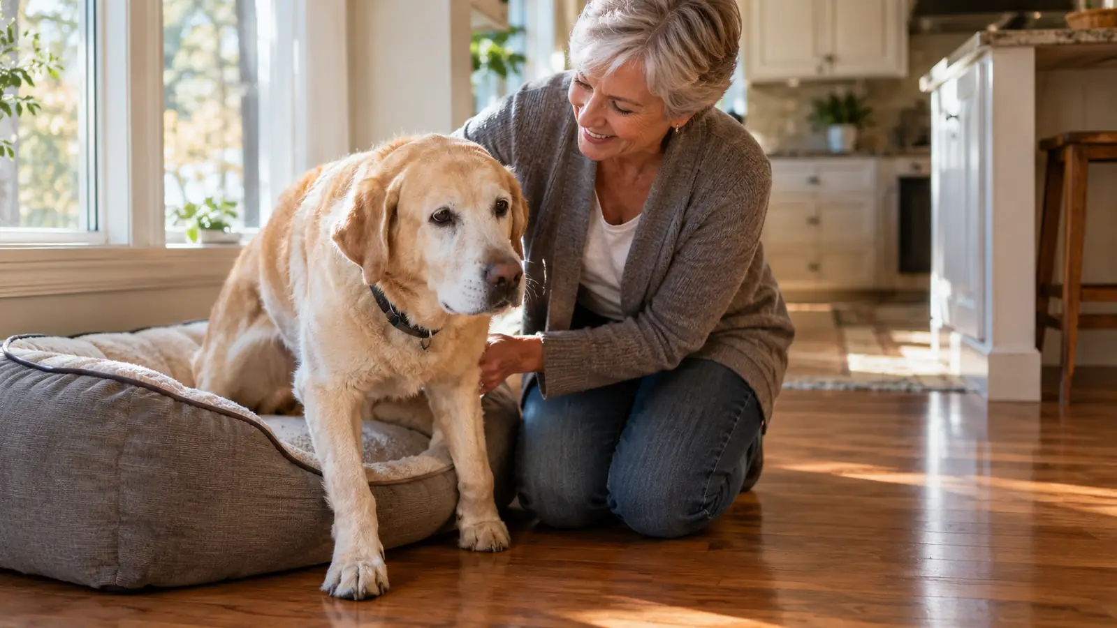 An older yellow Labrador getting up from a dog bed in a sunny kitchen while a smiling woman kneels beside her