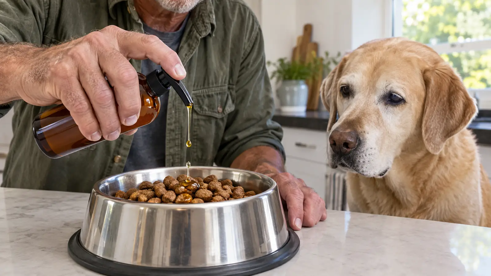 A person pouring liquid fish oil from a small pump bottle onto kibble in a dog bowl on a kitchen counter
