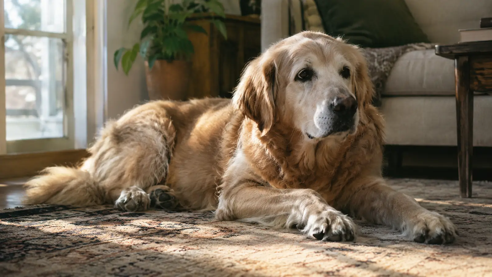 A large dog lying on a rug in a living room, resting its head on its front paws