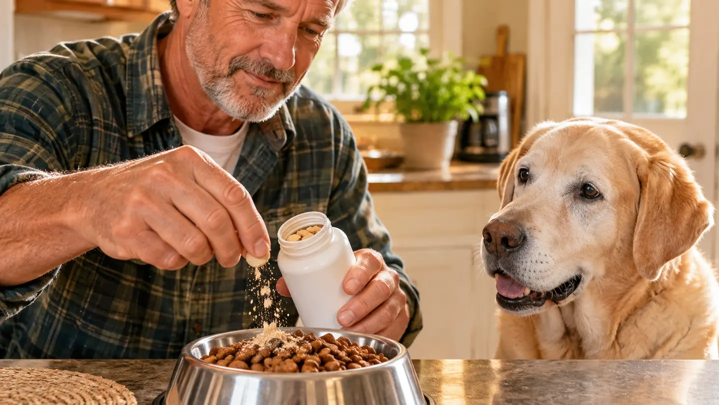 A hand crumbling a joint supplement tablet over kibble in a stainless steel bowl on a kitchen floor