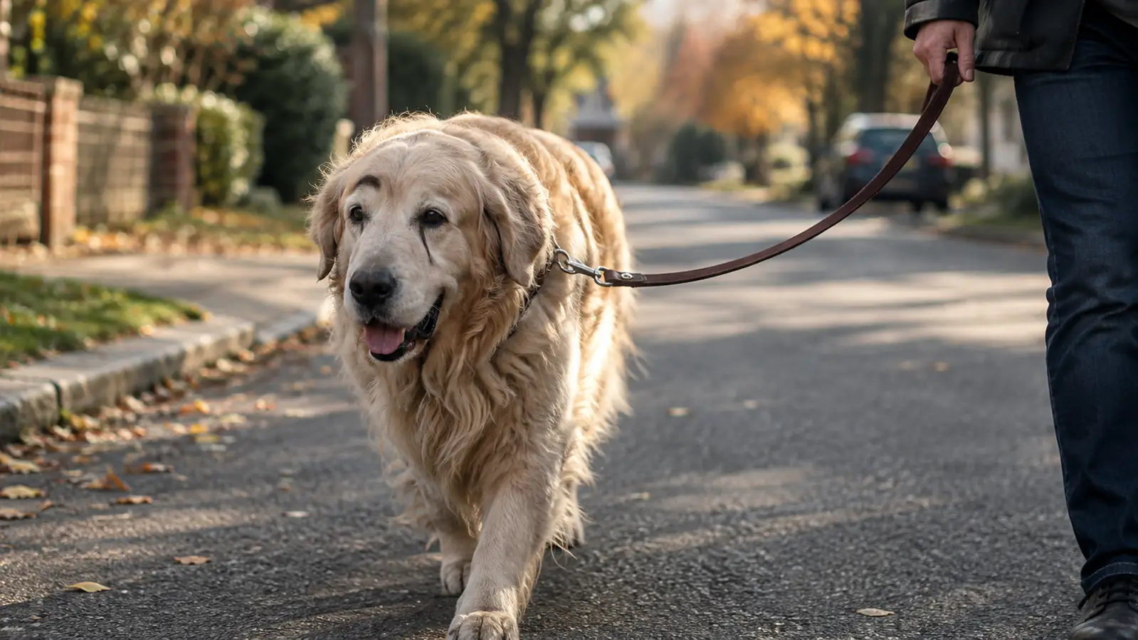 A large dog walking slowly on a leash down a quiet residential street in soft fall light
