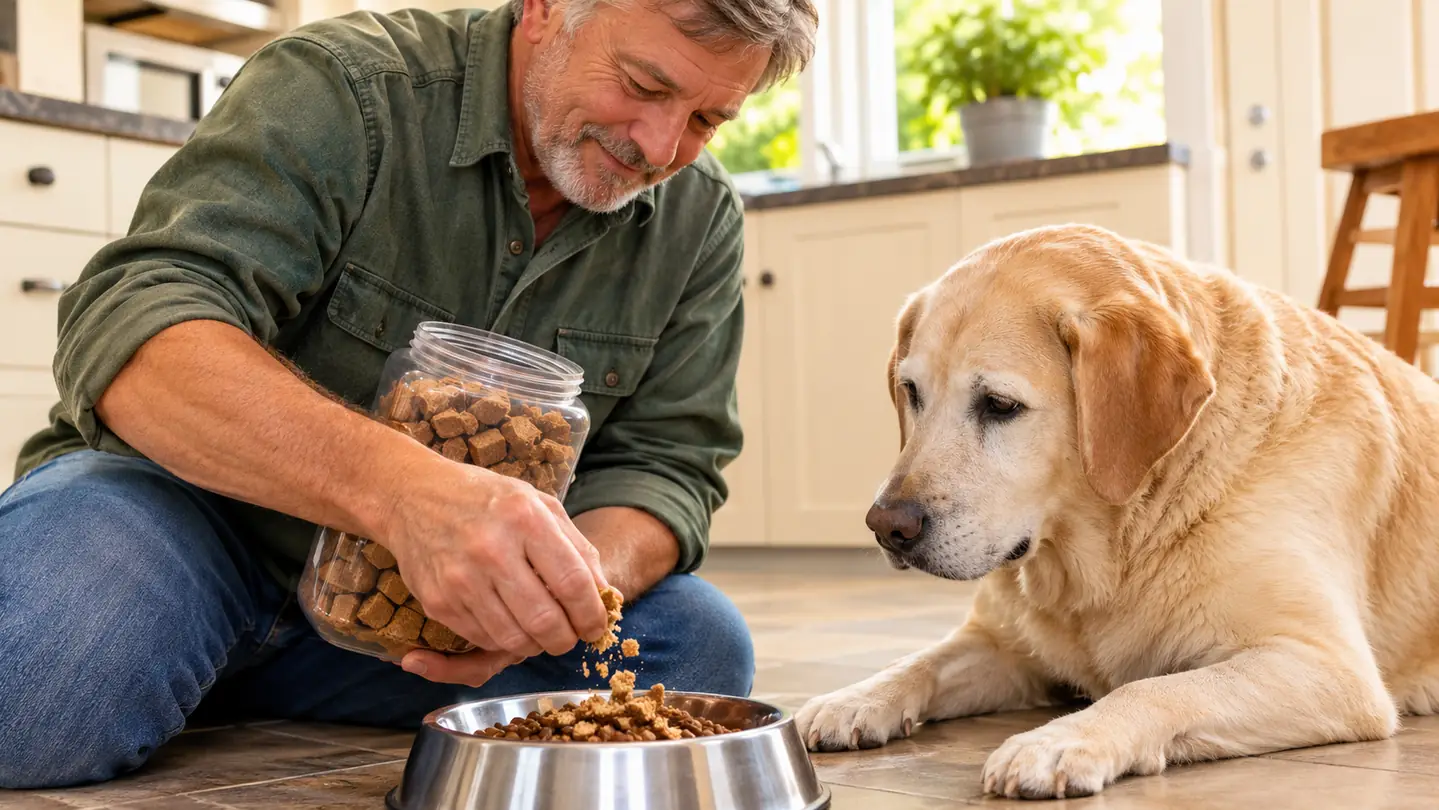 A hand crumbling a VetriScience GlycoFlex soft chew over a dog's dinner bowl.