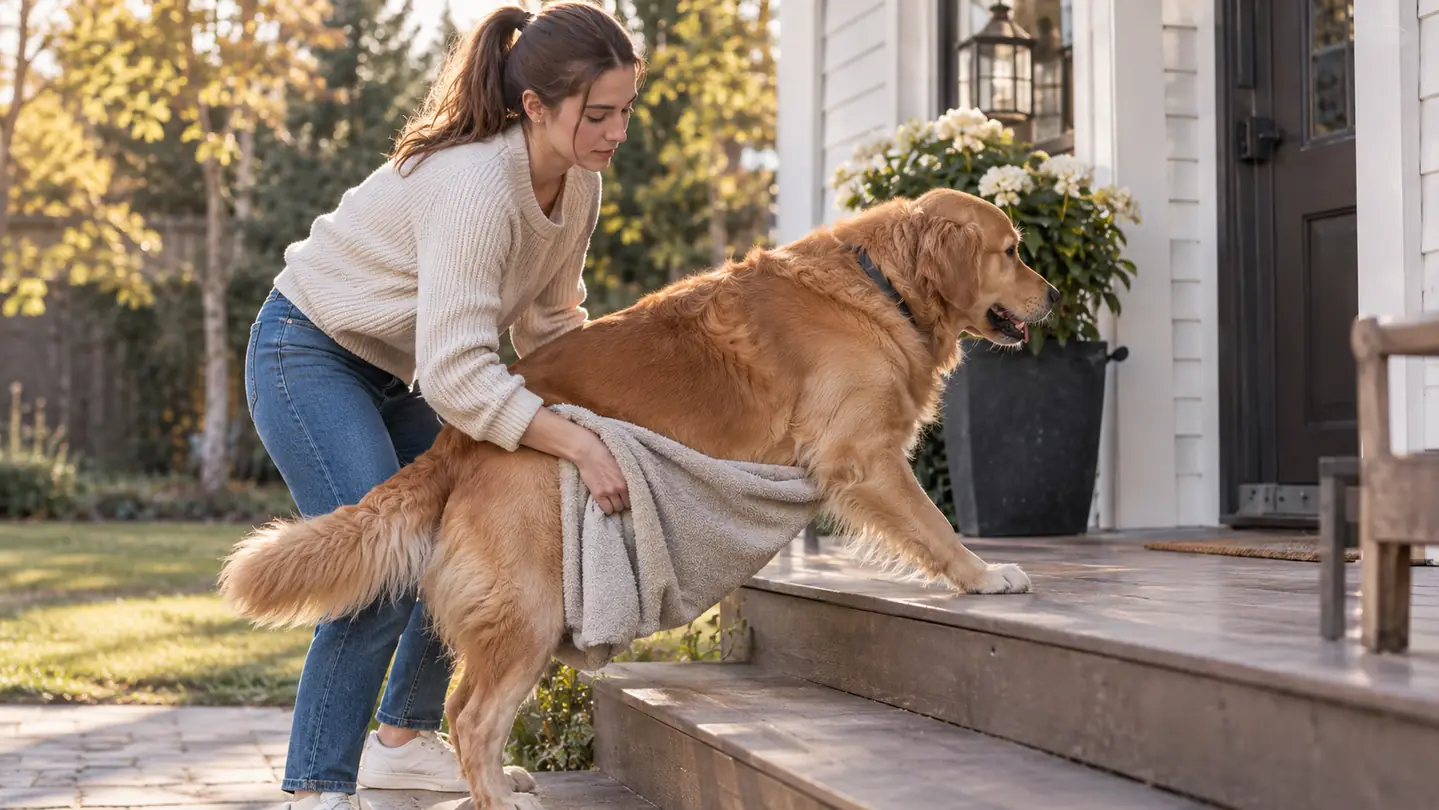 A person using a towel sling to support a large dog as it steps up onto the porch.