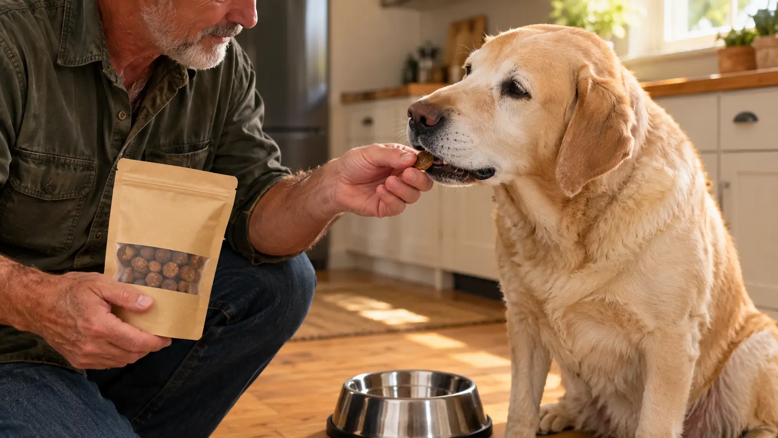 A hand offering a soft chew to a large dog sitting beside a stainless steel bowl