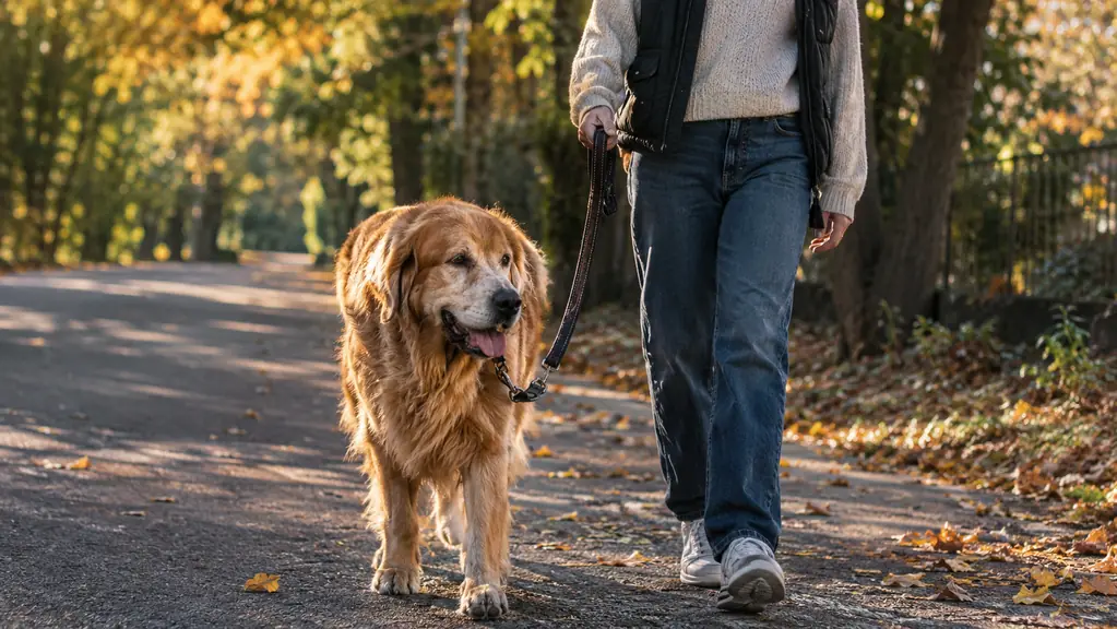 A large dog walking slowly on a leash beside its owner on a tree-lined road