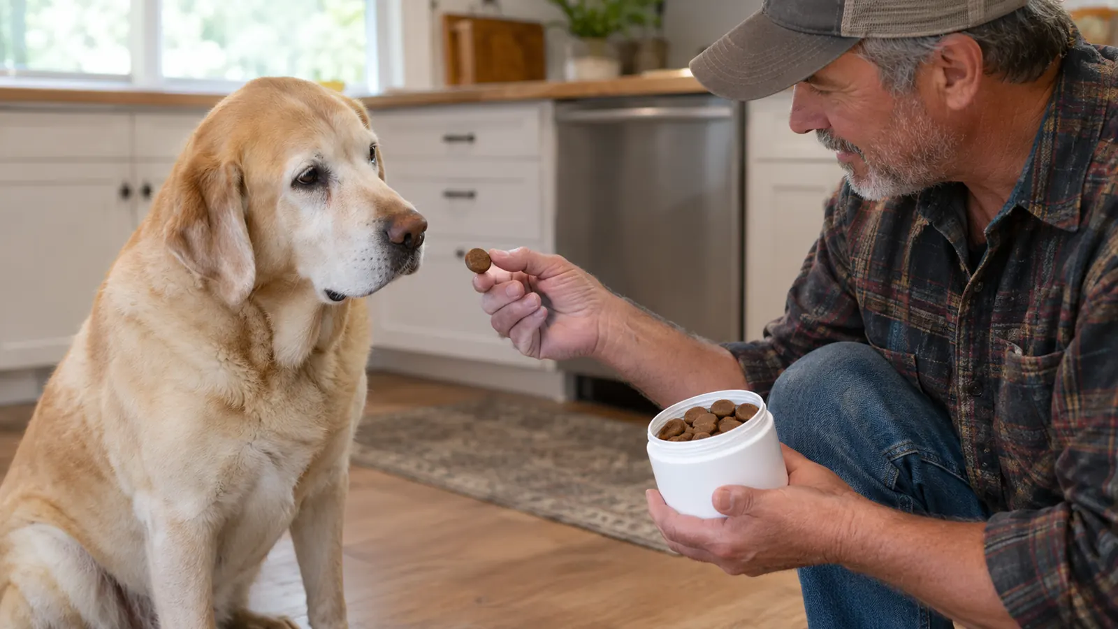 A hand offering a chewable tablet to a large dog sitting patiently on a kitchen floor.