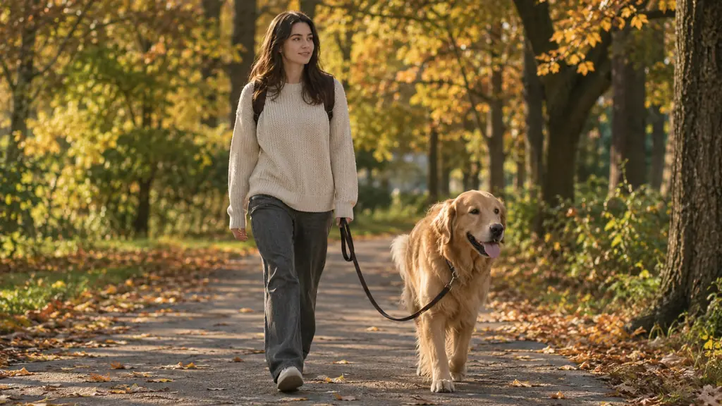 A person walking a large dog at a relaxed pace on a flat tree-lined path in autumn.