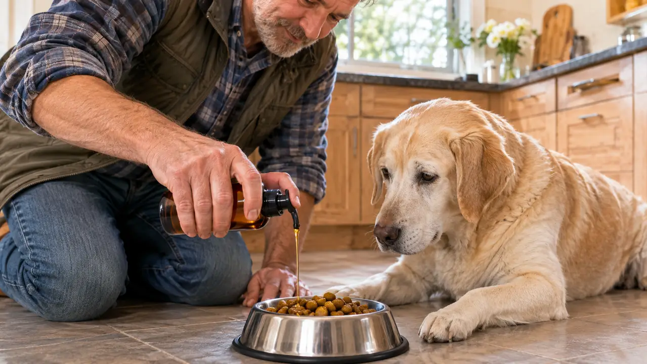 A hand pouring a small amount of liquid fish oil from an 8 ounce bottle over kibble in a stainless steel dog bowl