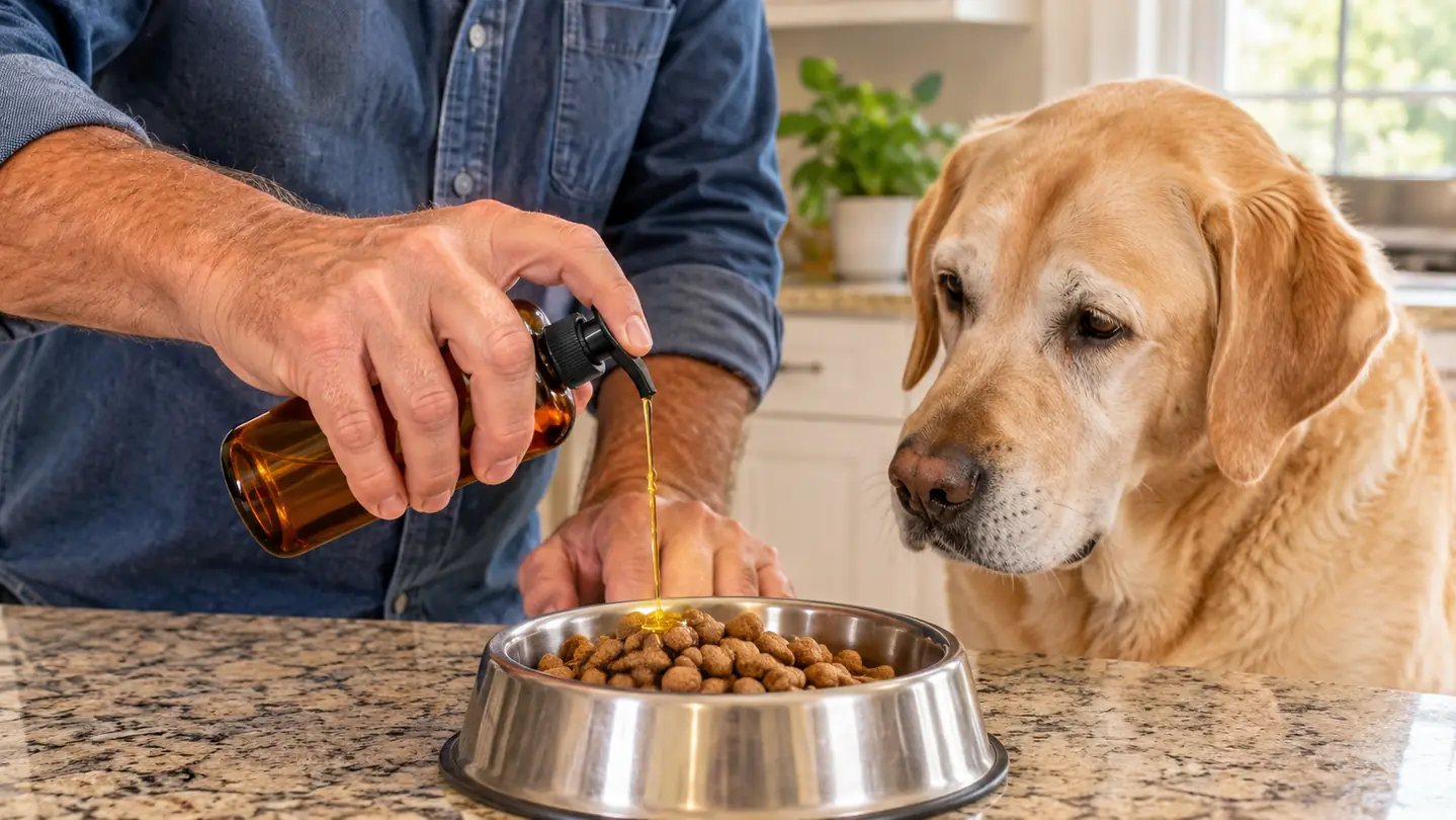A hand pouring liquid from an 8-ounce bottle over kibble in a stainless bowl while a large dog watches