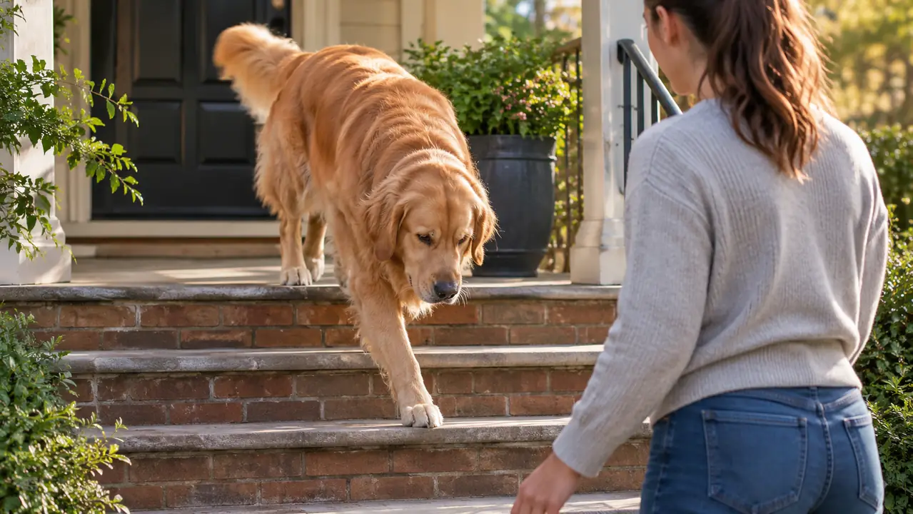A large dog walking slowly down three porch steps with a person standing nearby