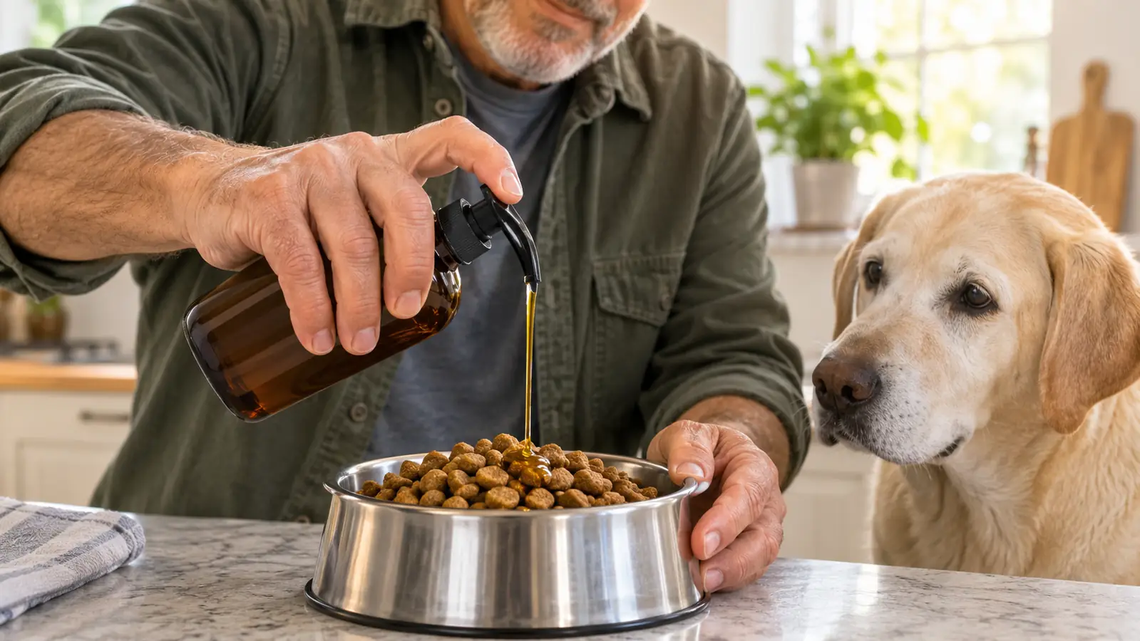 A hand pouring liquid fish oil from a small bottle over a dog's bowl of kibble on a kitchen counter