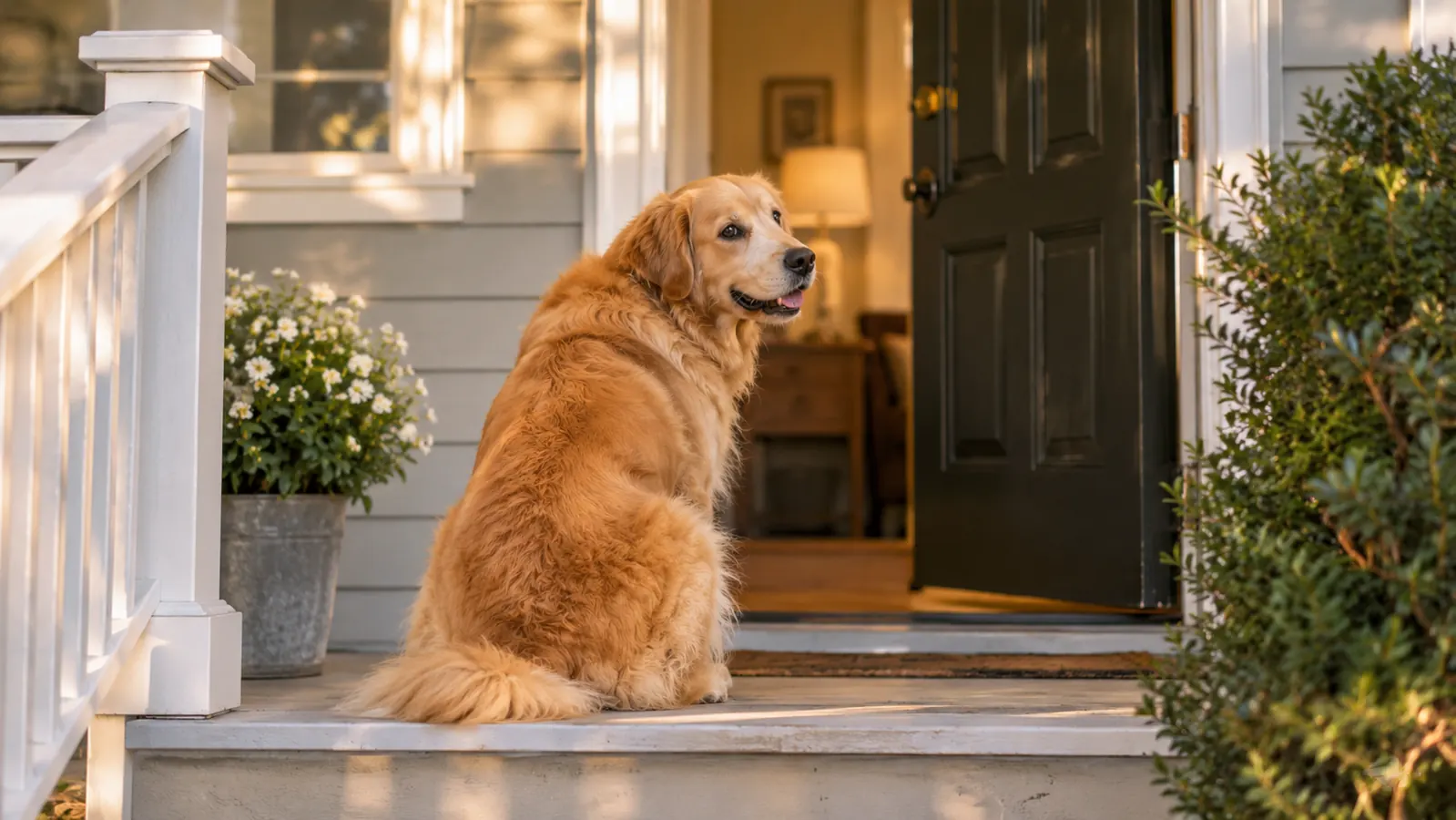 A large dog waiting at the top of a porch step, looking back toward an open door in late afternoon light
