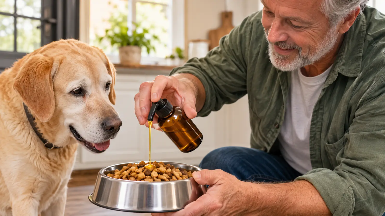 A hand pouring liquid oil from a small bottle over kibble in a stainless steel bowl