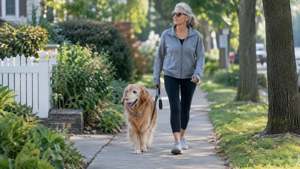 An older woman and a large dog walking slowly down a sidewalk