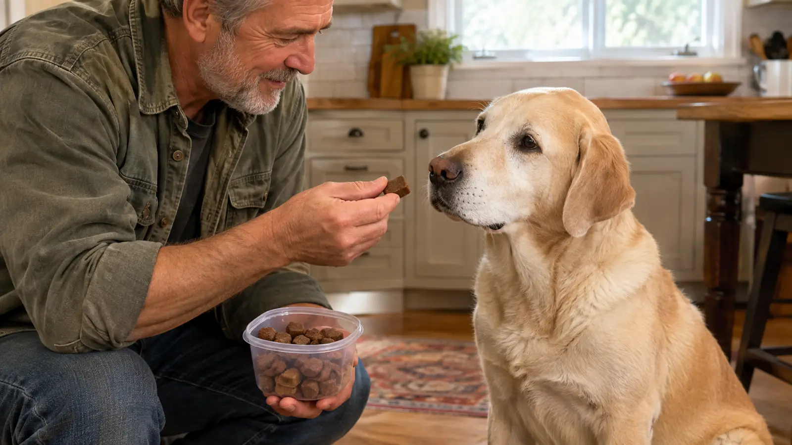 A hand offering a small chicken-flavored soft chew to a large dog sitting on a kitchen floor