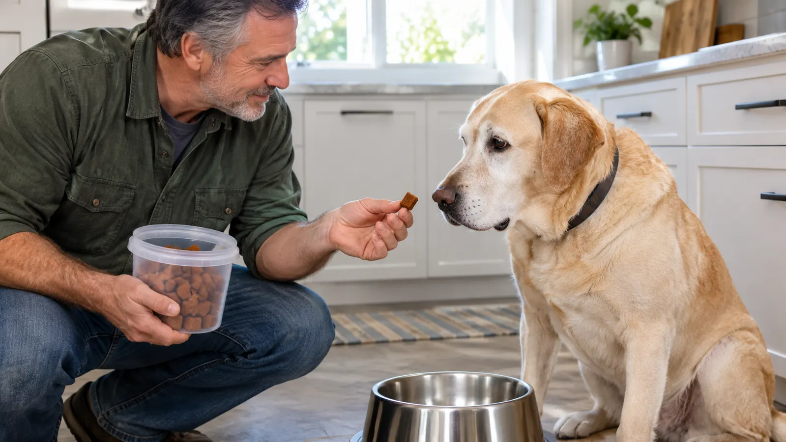 A hand offering a soft chew to a large dog beside a stainless steel bowl in a kitchen