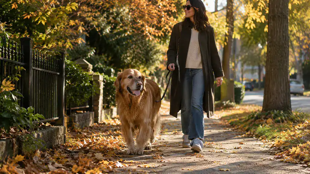 A large dog walking slowly down a tree-lined street with a person in autumn