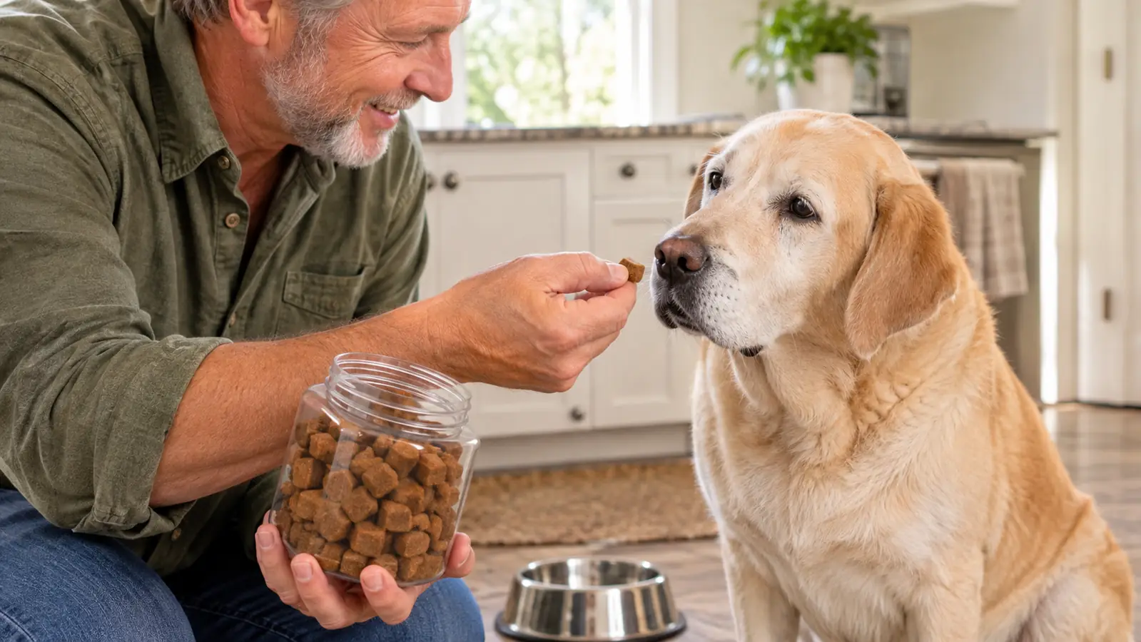 A hand offering a soft chew to a large dog sitting on a kitchen floor