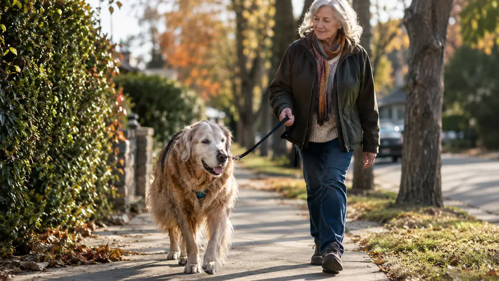 A large dog walking slowly down a quiet residential sidewalk with an older woman