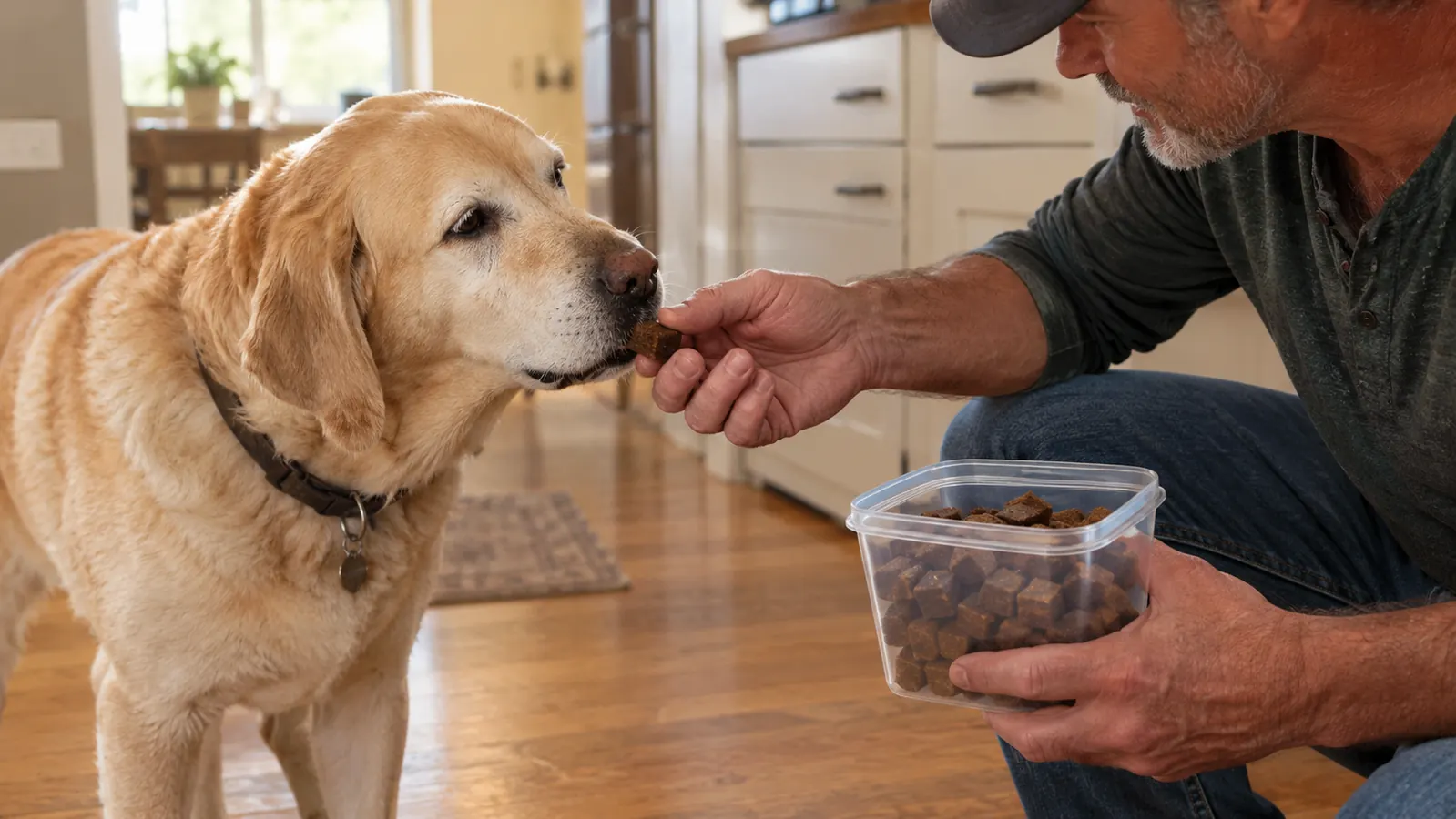 A hand offering the dog a soft chew treat in a kitchen